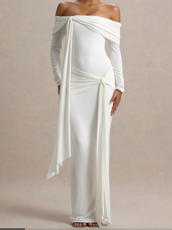 Club L London Dresses & Skirts - Club L London Off-Shoulder White Maxi Dress with Draped Knot Detail